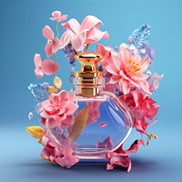 3D surreal of a perfume bottle with flowers petal plant container.