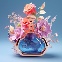 3D surreal of a perfume bottle with flowers rose creativity container.