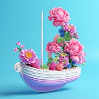 3D surreal of an boat in the air with flowers sailboat vehicle plant.