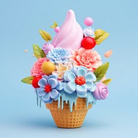 3D surreal of an icecream with flowers dessert cupcake icing.