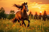 Thoroughbred stallion outdoors sunset meadow.