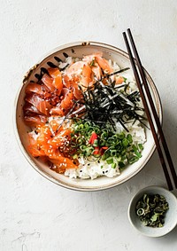 Sashimi Rice Bowl chopsticks plate food. AI generated Image by rawpixel.