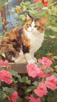 A cat with butterfly in the garden painting geranium hibiscus.