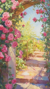 A rose arch in garde painting garden architecture.