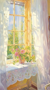 A white cutain at the window tablecloth windowsill blossom.