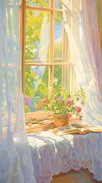 A white cutain at the window painting publication windowsill.