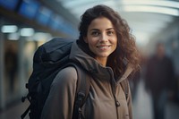 Woman carrying backpack smiling adult smile.