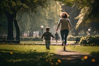 A little boy and his mom running walking adult day. AI generated Image by rawpixel.