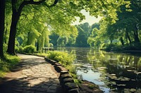 Lake in Park surrounded by green foliage of trees in sunlight and stone path in foreground landscape nature park. 