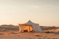 Minimalist tent outdoors camping desert.