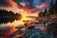 Sunset at coast of the lake landscape nature outdoors. AI generated Image by rawpixel.