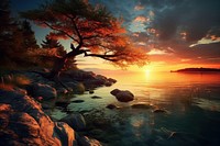 Sunset at coast of the lake landscape nature sunlight. AI generated Image by rawpixel.