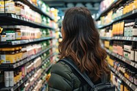 Woman browsing supplements supermarket store adult.