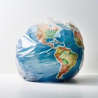 Plastic wrapping over an earth sphere planet globe.