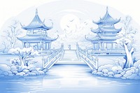 Chinese temple outdoors drawing sketch.