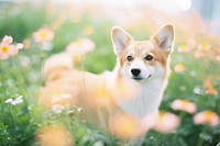 A corgi dog in a flower garden outdoors mammal animal. AI generated Image by rawpixel.