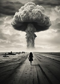 A nuclear bomb and many people running away from it to save their life from the bomb explosion motion monochrome. 