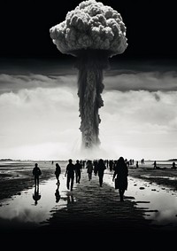 A nuclear bomb and many people running away from it to save their life from the bomb explosion motion architecture. AI generated Image by rawpixel.