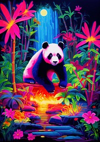 A panda outdoors purple nature. 