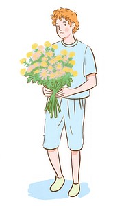 Doodle illustration young man drawing cartoon flower.