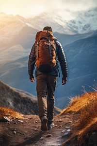 Man hiking on mountain backpack backpacking standing.