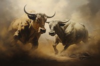 Painting art bulls fight livestock landscape wildlife.