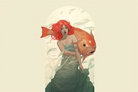 A woman carry a big fish goldfish swimming animal.