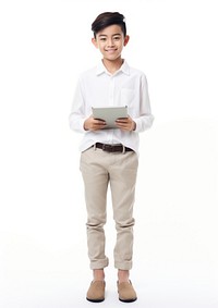 Asian boy student using tablet standing adult white background.