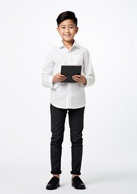Asian boy student using tablet white background architecture technology.