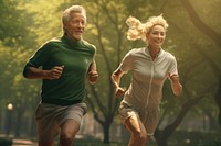 Healthy elderly woman and man running in the park jogging sports adult. 
