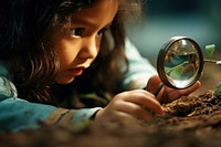 Little girl looking through a magnifying glass portrait child photo. AI generated Image by rawpixel.
