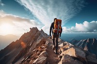 Man hiking on mountain backpack backpacking recreation.