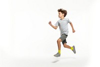 A boy wearing sport cloth running jogging jumping sports.