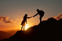 A man reaching his hand to grab a woman on the mountain backlighting silhouette sunset. AI generated Image by rawpixel.