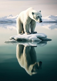A polar bear stand on an ice in the middle of the ocean reflection wildlife animal. AI generated Image by rawpixel.