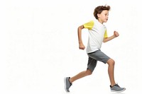 An eight year old wearing modern sport cloth running jogging sports shorts.