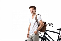 An white man standing beside a bike looking at his watch on his arm bicycle vehicle sleeve.
