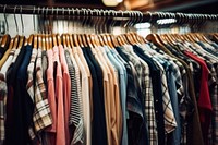 Many shirt hang on in the shop arrangement consumerism backgrounds. 