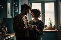 Young couple happy drinking coffee kitchen window adult. AI generated Image by rawpixel.