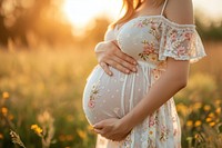 Young pregnant woman touching her pregnant belly adult dress anticipation.