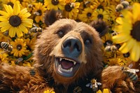 Bear and bees animal sunflower wildlife.