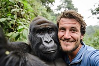 Man and gorilla animal wildlife smiling.