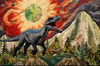 Volcano dinosaur mural representation.