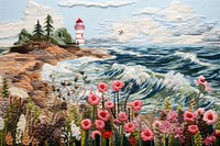 Embroidery background of a sea lighthouse outdoors painting.