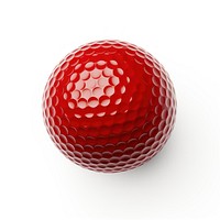 Golf ball on red tee sphere sports white background.