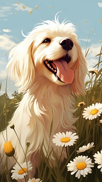 Illustration of a dog and daisy animal mammal flower.