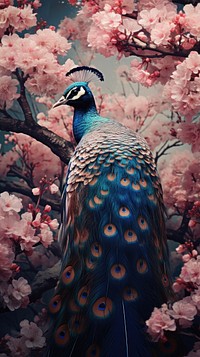 Illustration of a peacock and flowers outdoors animal plant.