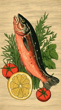 Salmon garnished animal lemon food.