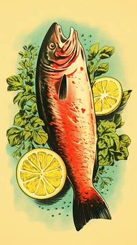 Salmon garnished lemon animal fruit.