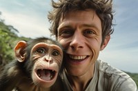 Monkey and young man animal wildlife portrait.
